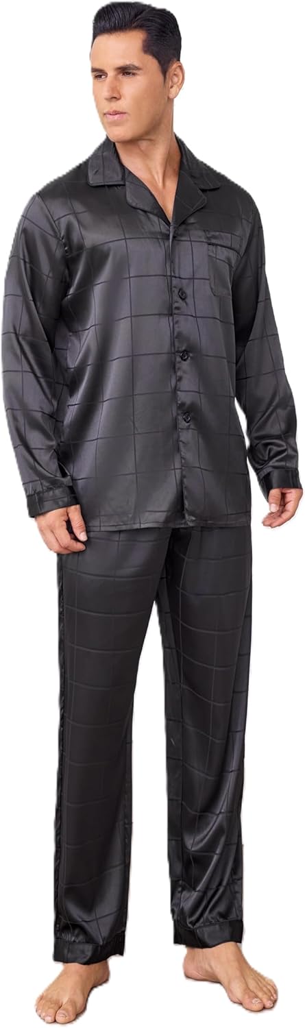 JupiterSecret Mens Silky Satin Pajamas Set Long Sleeve Button-Down Luxurious Pj 2 piece Sleepwear with Long Pants