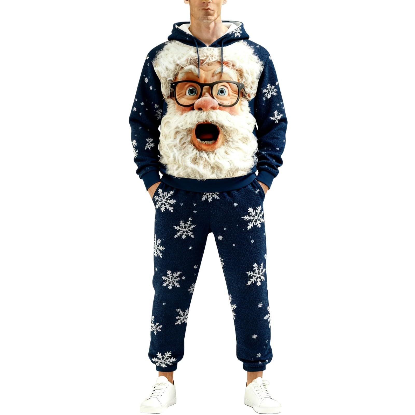 Generisch Świąteczny dres męski do joggingu, zabawny świąteczny dres treningowy, zestaw świąteczny, na co dzień, Boże Narodzenie, 2-częściowy, zabawny nadruk z polarowymi bluzami z kapturem + spodnie