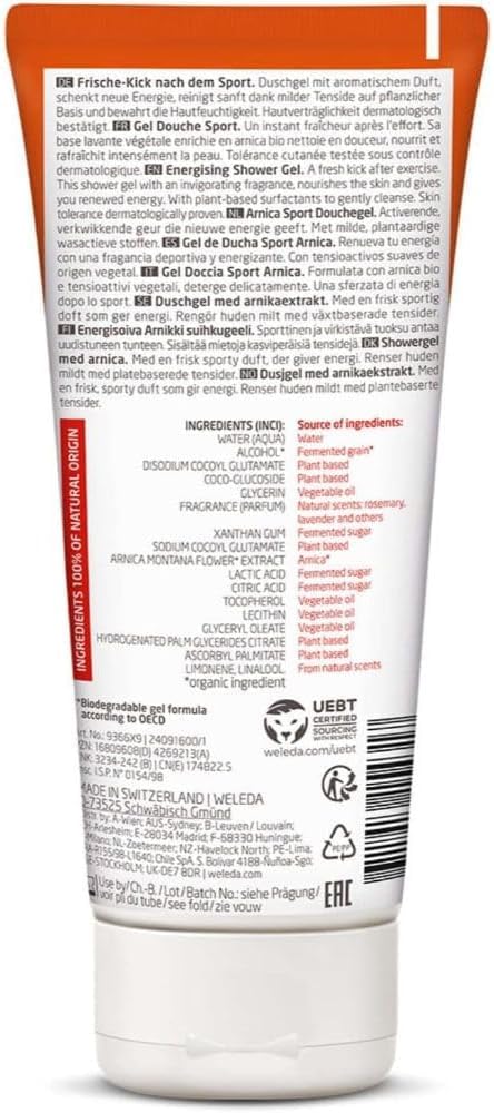 Weleda – Gel de Ducha Sport, Limpia sin Resecar, Revitaliza la Piel y Relaja los Músculos, con Extracto de Árnica y Aceites Esenciales, 100% Biodegradable, Vegano, para Todo Tipo de Pieles – 200 ml