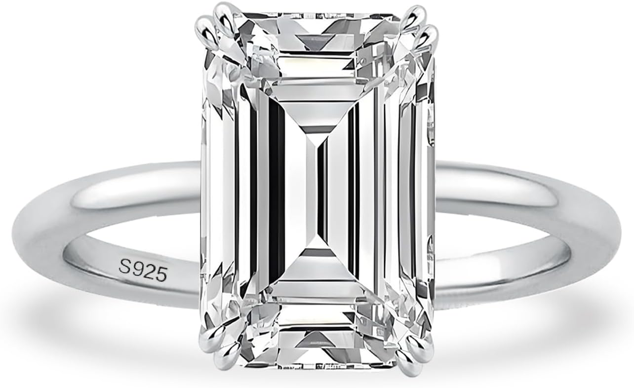 5 Carat Elongated Emerald Cut Engagement Rings for Women, S925 Silver Cubic Zirconia Solitaire Ring, Elegant 5A CZ Wedding Jewelry Gift