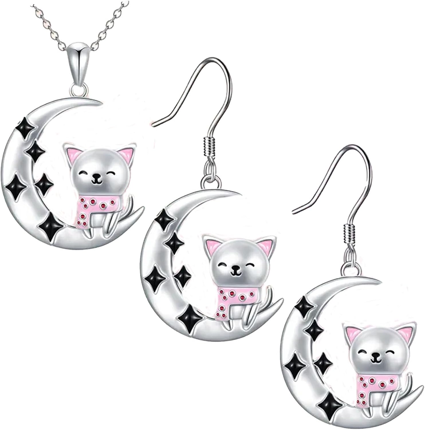 Cat Necklace Earrings Jewelry Set, Pink Crystal Accents Moon Cute Animal Jewelry Gifts for Women Cat Lovers