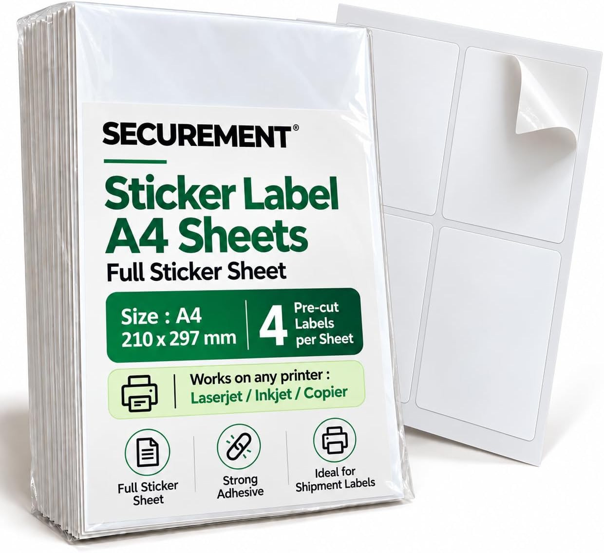 Securement Easyship Sticky Labels (A4 Size Sheet with 4 Pre-Cut Per Sheet) - to Print Easyship Order Labels & Invoice (100 Sheets)