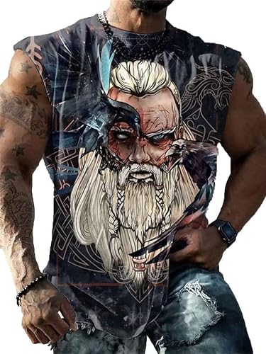 Kewing Men's Blue Vest Top Fashion Viking Warrior Print Round Neck Tank Tops Summer Rock Style Breathable Sleeveless T-Shirt Bodybuilding Muscle Vests