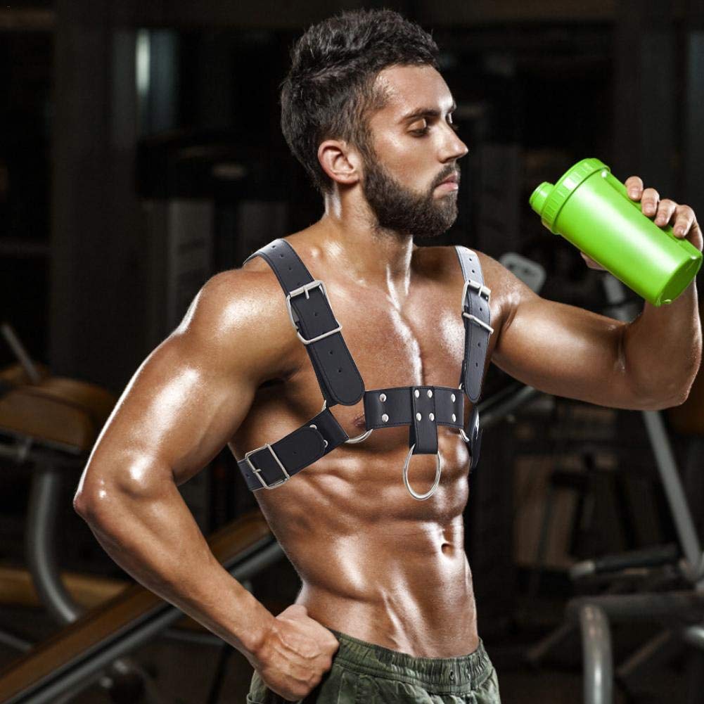Blcak - Arnés de pecho de piel para hombre, con correas de hombros y de sujeción en piel