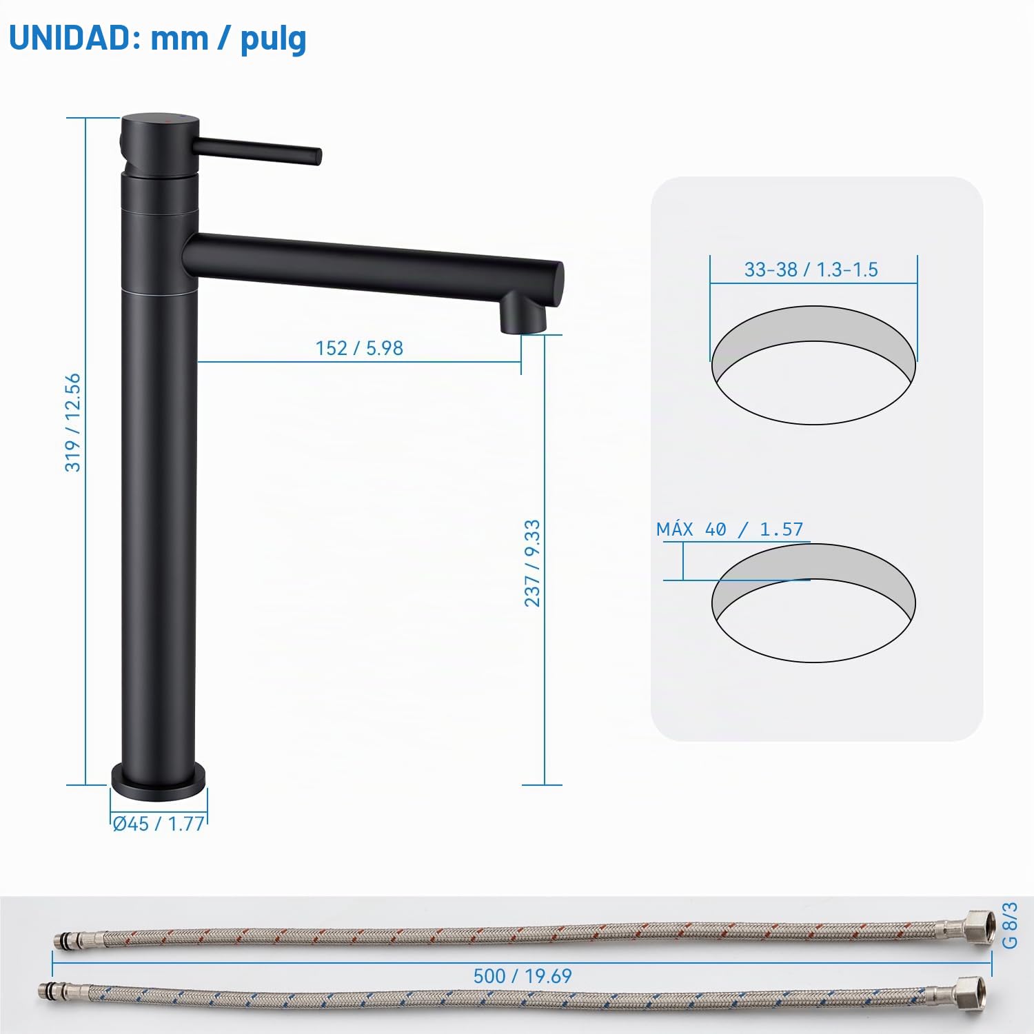 Grifo de lavabo alto, grifo de baño negro mate para lavamanos sobre encimera, grifo giratorio 360° para baño, mezclador para agua fría y caliente, altura de salida 237 mm