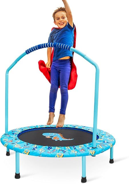36'' Kids Trampoline Mini Foldable Fitness Trampoline with Adjustable Foam Handrail and Safety Padded Protective Cover Exercise Bungee Rebounder Jumper Indoor/Outdoor Use for Toddler Boys Girls