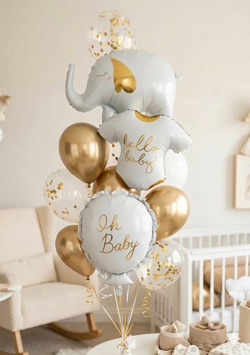Atpata Funky Hello Baby Foil Balloon Set, White Gold Baby Shower Decoration Kit with Romper, Elephant & Oh Baby Balloon Bouquet for Newborn Welcome Arrival Party Pregnancy Announcement Home Decor-image-24