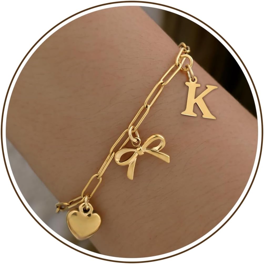 14K Gold Plated Bracelet for Women Simple Jewelry Initial A-Z Bracelet Dainty Chain Gifts for Women Birthday Unique Dainty Letter Charm Bracelet with Bow Back to School