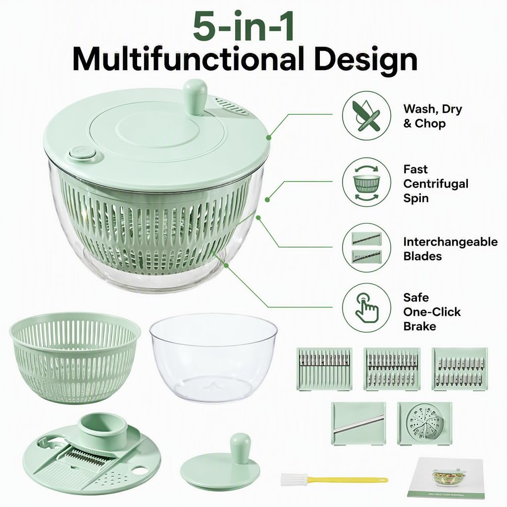 Centrifugadora multifuncional 5 en 1 para ensaladas y preparación de verduras con 5 cuchillas, capacidad de 5 litros y funcionamiento manual.