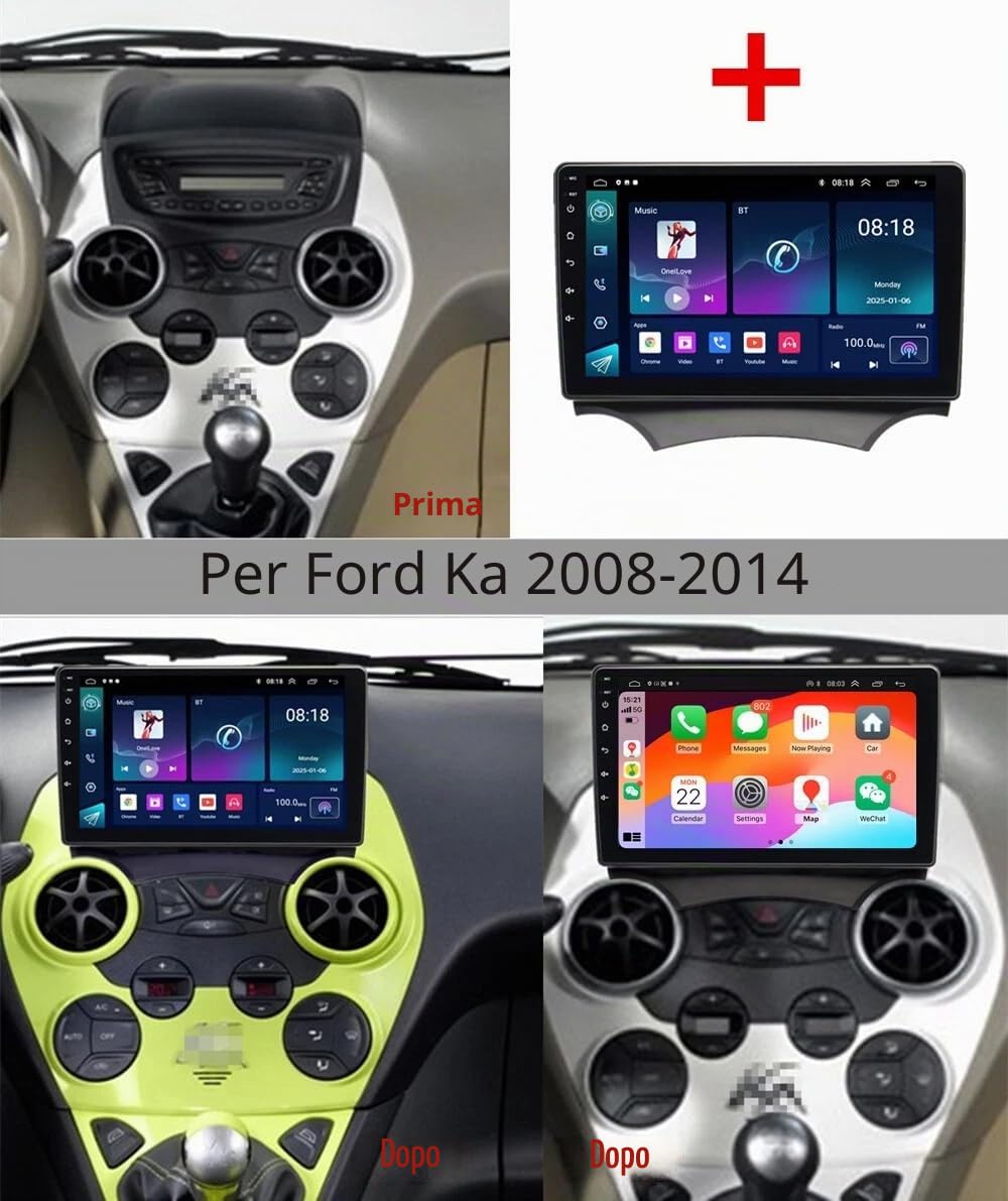 4+64G Android 14 Autoradio Stereo per Ford Ka 2008-2014 con Wireless Carplay Android Auto, 9 pollici Touch Screen Radio Lettore Multimediale con navigazione GPS FM RDS Mirror Link SWC Schermo diviso