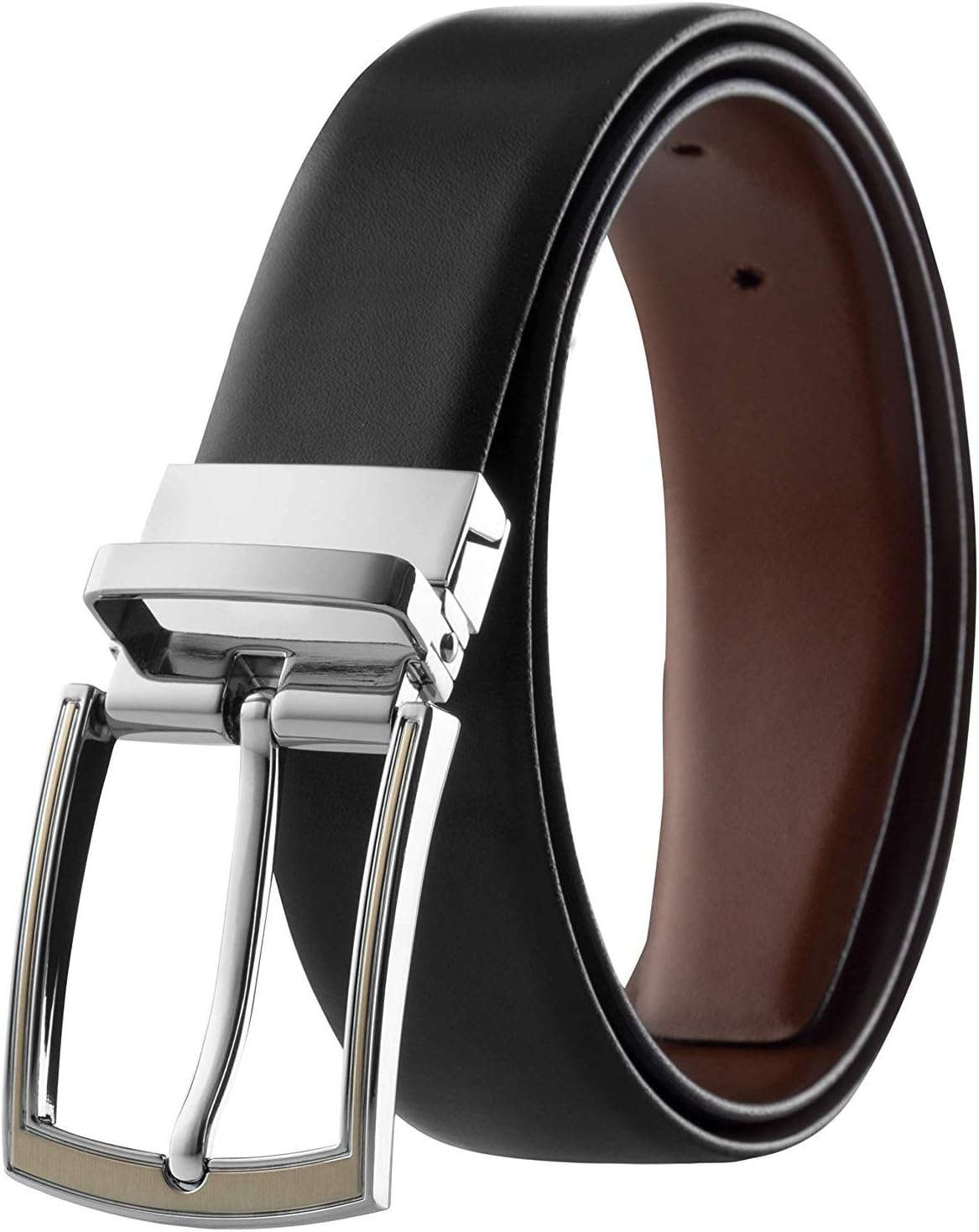 Prospero ComfortMen's Reversible Classic Dress Belt Italian Top Grain Leather Black & Brown Rotating Buckle