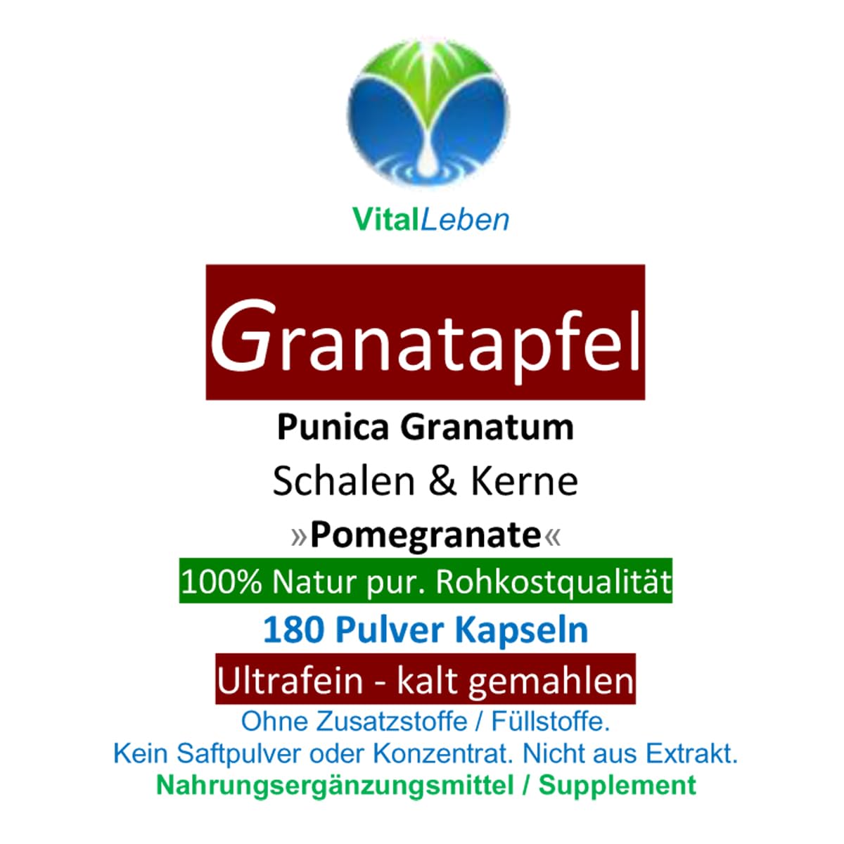 GRANATAPFEL Antioxidans + Ellagsäuren + MultiVitamin + MultiMineral für Durchblutung + Wechseljahre + Hitzewallungen - 540 (3x180) Pulver Kapseln - Natur pur - OHNE ZUSATZSTOFFE. 27050-5