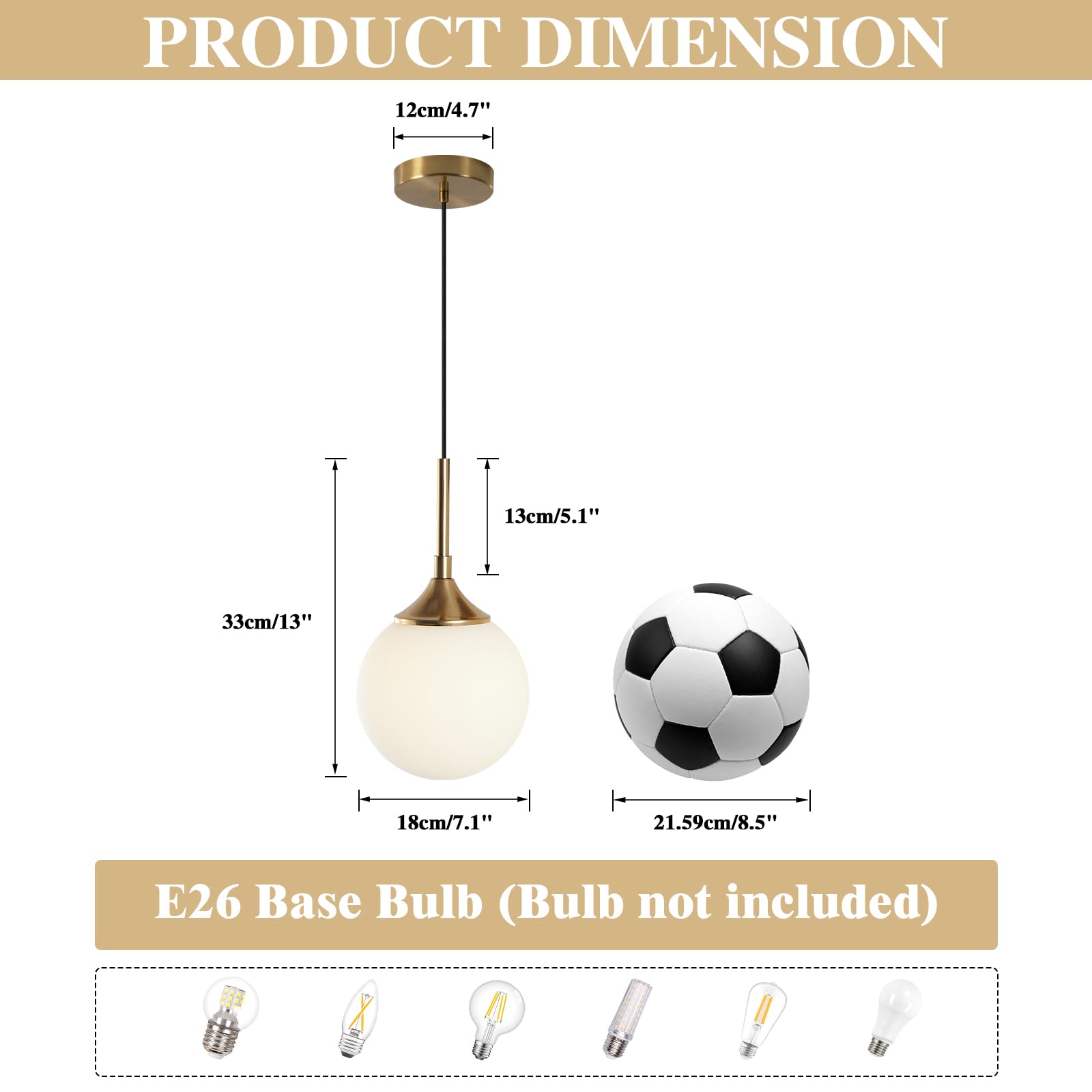 KCO Lighting - Lampadario a sospensione in vetro moderno metà secolo, 1 luce, grande globo dorato, illuminazione a sospensione regolabile in ottone spazzolato (bianco)