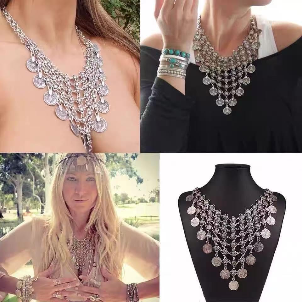 Retro Gypsy Coins Tassel Charm Statement Ethnic Necklace for Women Men Vintage Bollywood Collar Bib Boho Indian Tribal Pendant Fashion Oxidized Jewelry Bohemian Exaggerated Costume Gift - Image 3