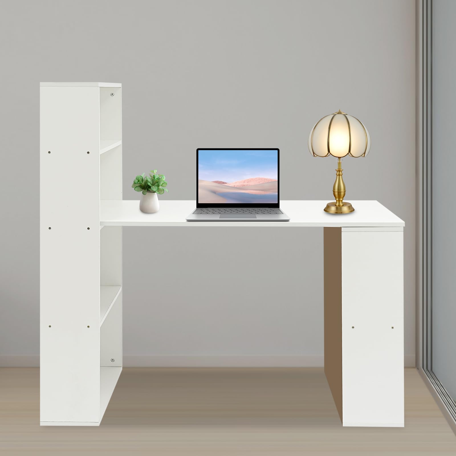 Scrivania con vano portaoggetti, scrivania per computer con ripiani aperti, tavolo da ufficio, bianco per camera da letto, studio, 52,4 x 120 x 120 cm