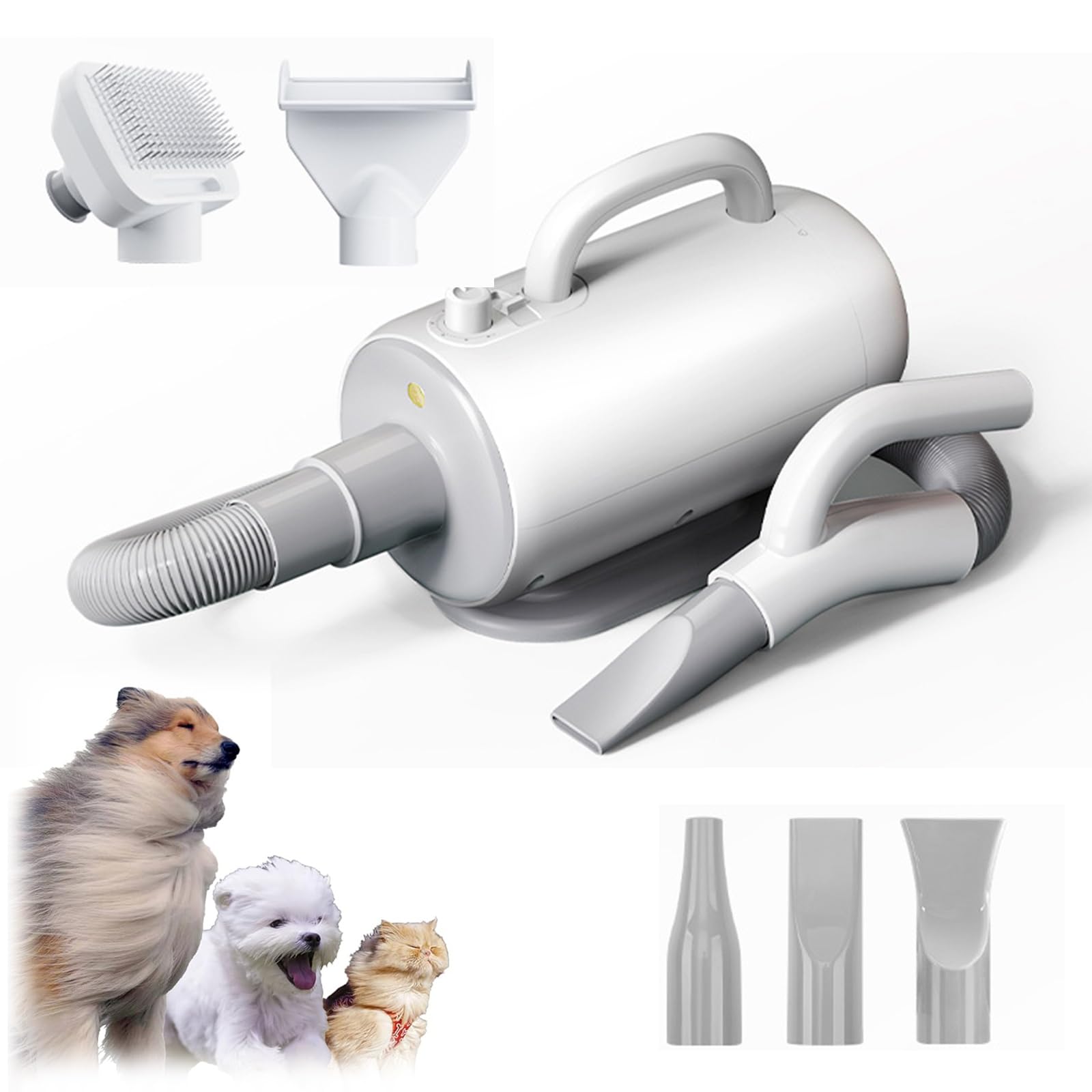 SèChe-Cheveux Professionnel Pour Poils De Chien,Souffleur De Poils D'Animaux 2000w Pour Chiens Et Chats,Aspirateur Silencieux,Haute Vitesse,5 Embouts DifféRents,SèChe-Cheveux Chats(34.9*15*23cm,White)