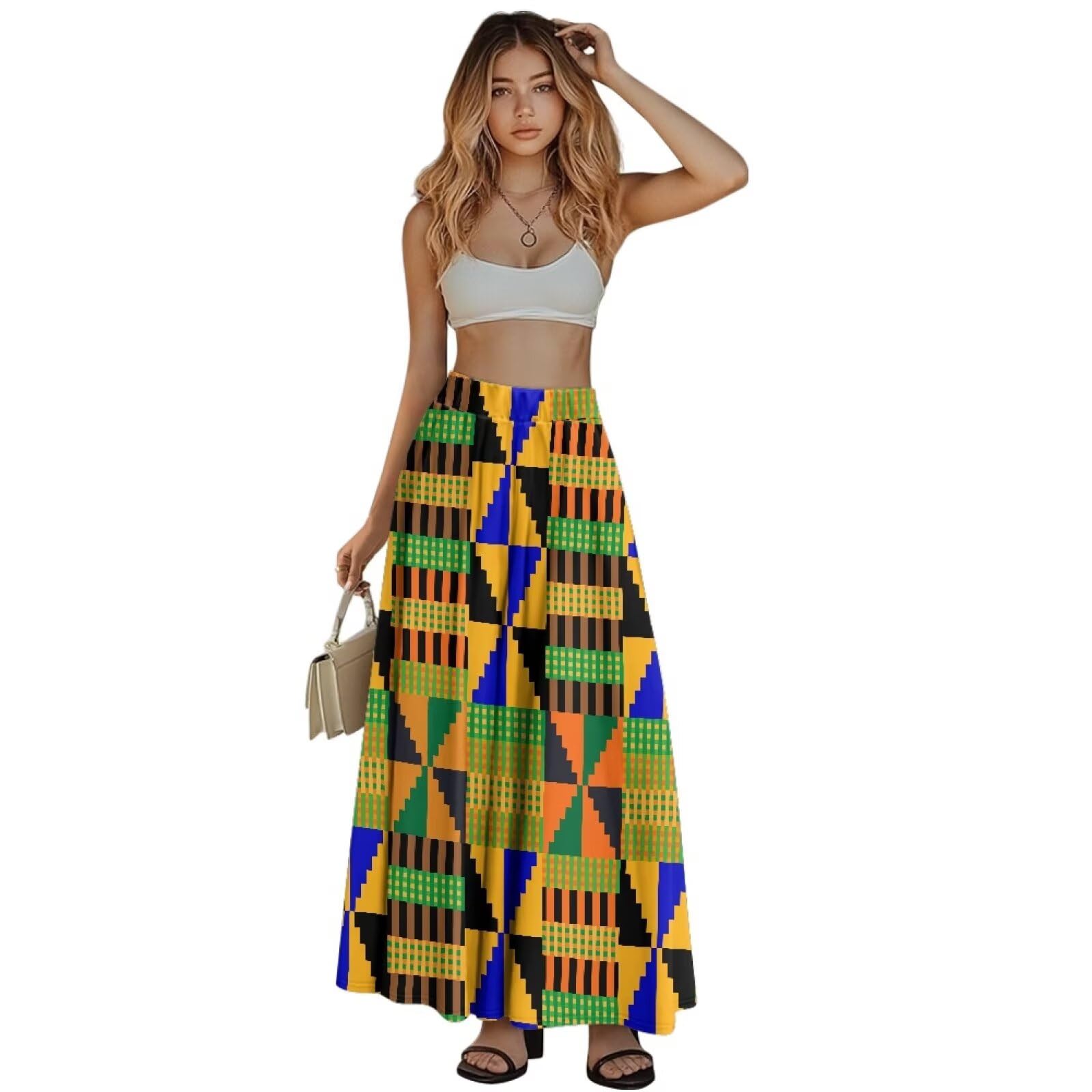 Oil Painting Printed Womens Long Maxi Skirt Elegant Pleated High Waisted A-Link Long Maxi Skirt for Party Work