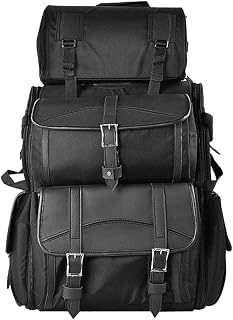 Motorcycle Sissy Bar Bag - Weather Proof Black Motorcycle Luggage Bag with Multiple Storage Compartments, Adjustable Mounting Rig, Removable Rain Cover