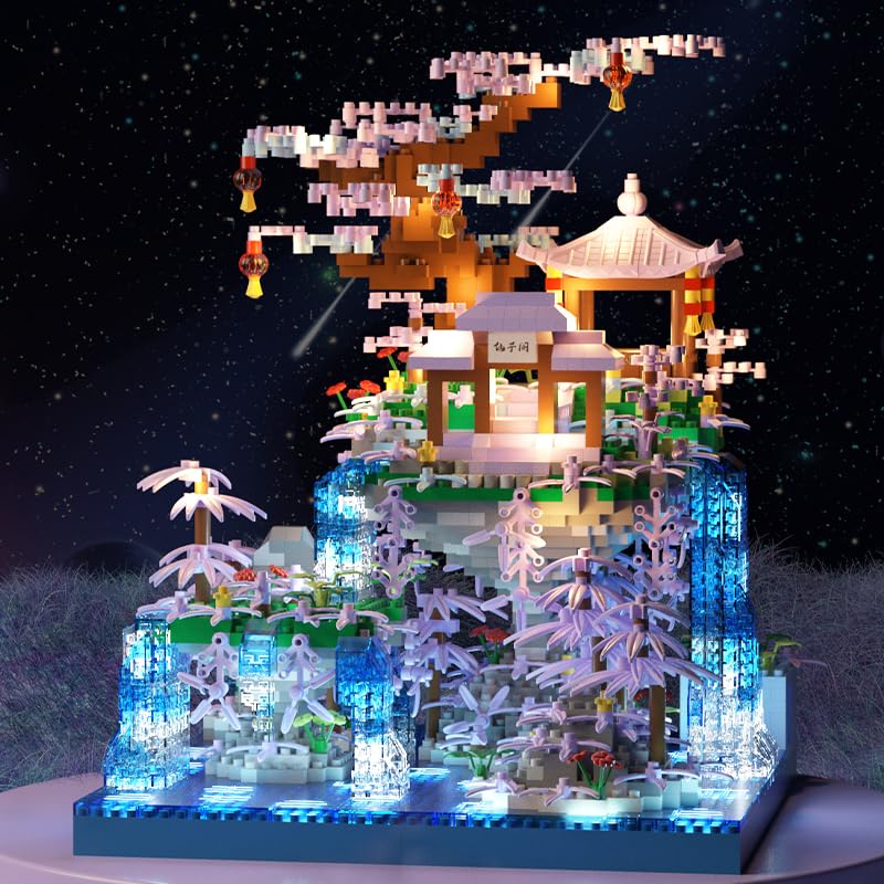 Image of SKY LINE OCEAN Cherry Blossom Tree House Micro Building Blocks Set - 2500+ Pieces Peach Blossom Pond Architecture Kit with LED Lights Gift for Adults & Kids | 6 Months Warranty (Ages 14+)