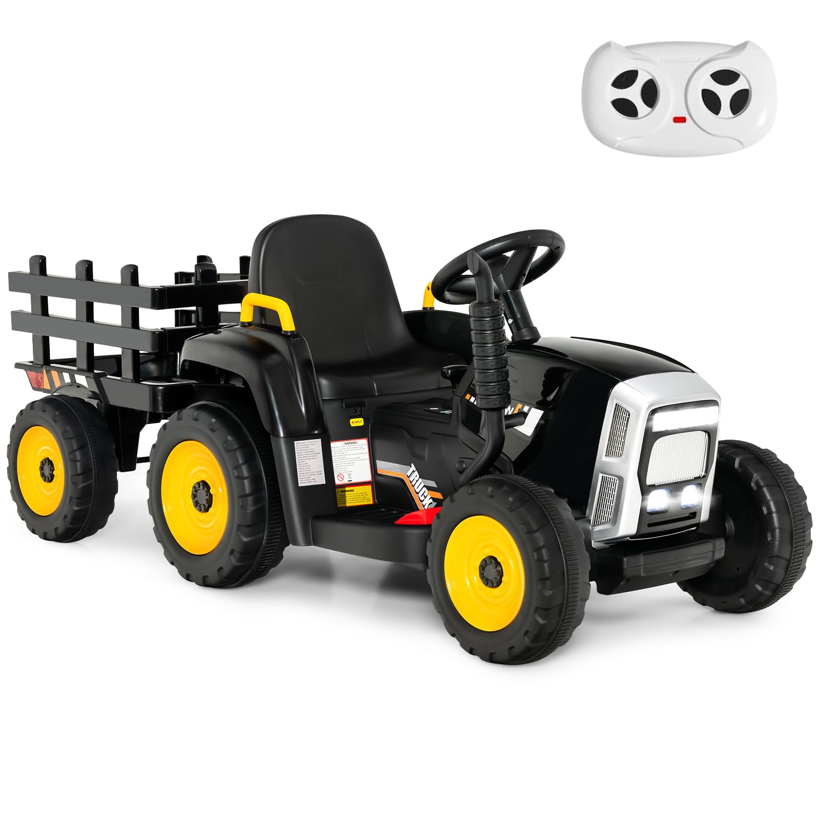 GYMAX Kids Electric Tractor with Detachable Trailer, LED Lights, Music, Horn, USB & Bluetooth, 12V Battery Powered Ride on Car for 3 Years Old + Boys Girls (Dark)