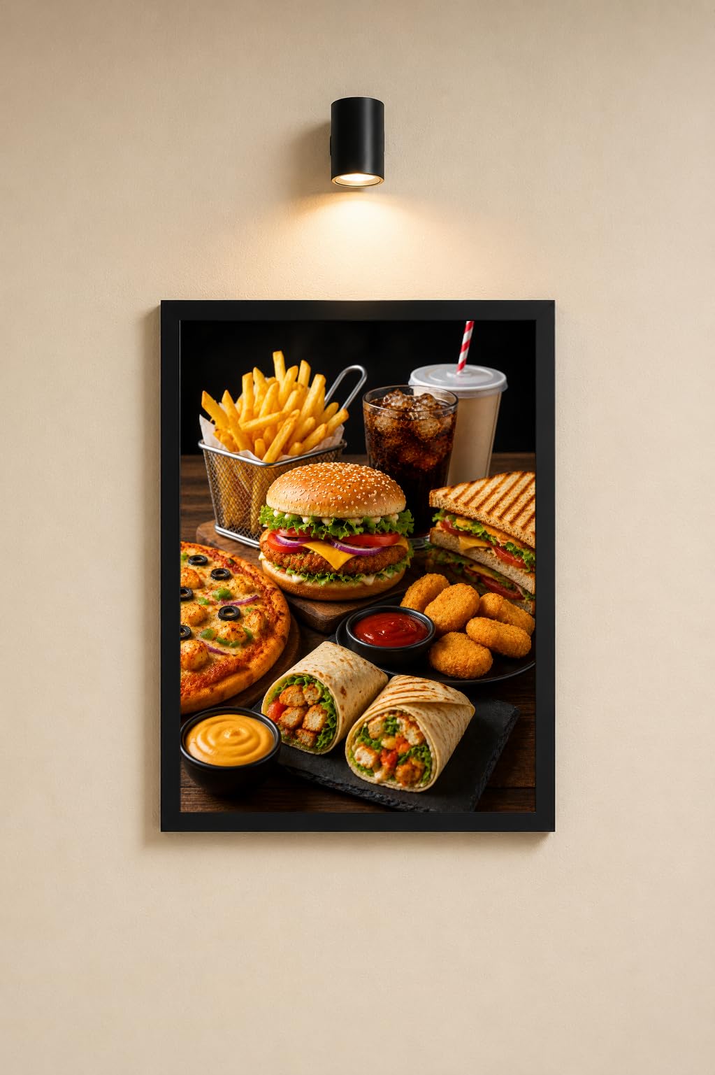 fixandfurnish fast food restaurant wall decor | burger, pizza, wrap & fries food poster with black frame | hd printed café, kitchen & hotel wall art | 12 x 18 inch | set of 1