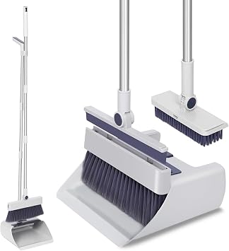4 in 1 Multifunctional Broom and Dustpan Combo Set with 44" Long Handle, Concealed Squeegee and Cleaning Brush,for Clean Home Kitchen Bathroom Office,Indoor Outdoor,Pet Hair,Bathtub and Glass