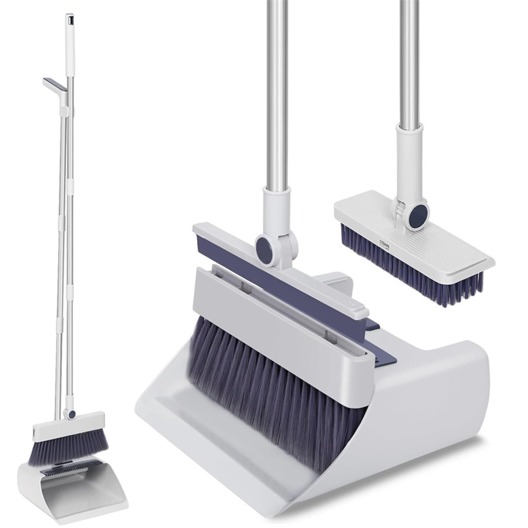 SDSM Broom with Dustpan Combo Set, 4 in 1 Multifunctional Broom and Dustpan with 52" Long Handle, Concealed Squeegee and Cleaning Brush, for Clean