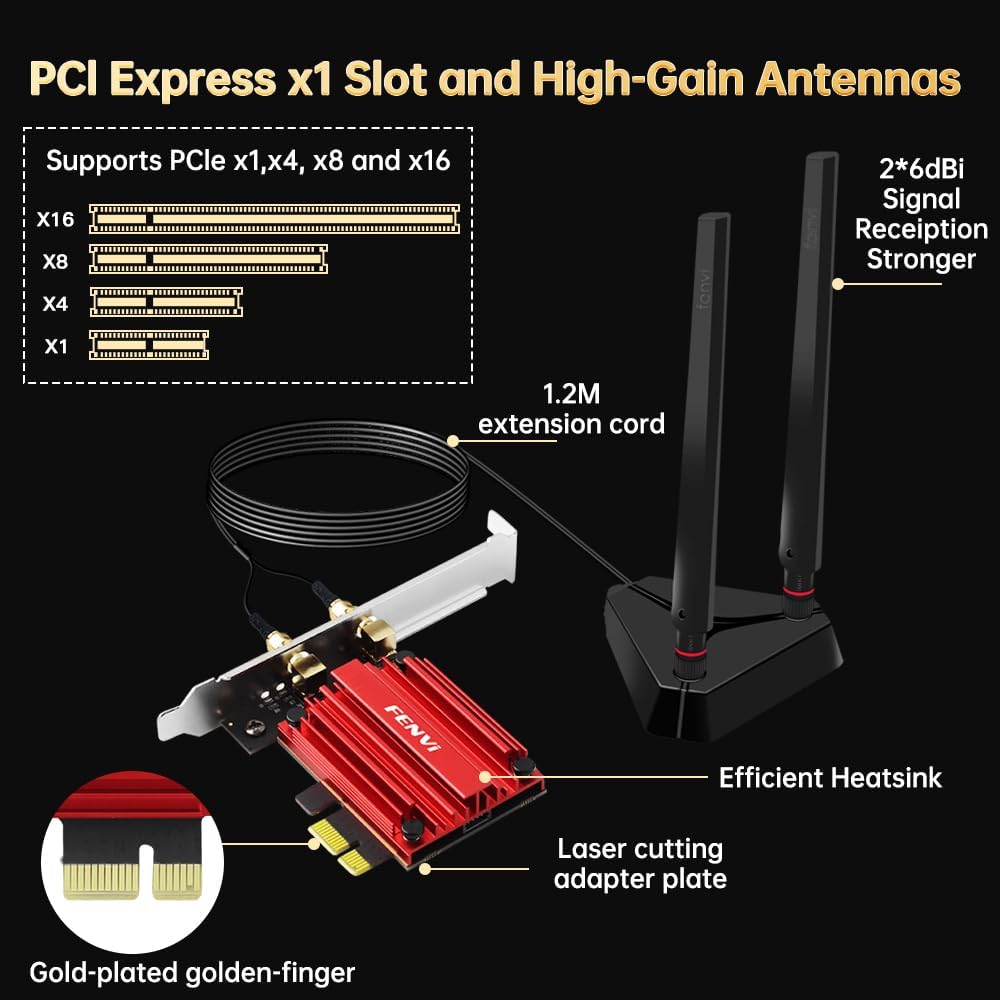 FENVI WiFi 6E AX210 PCIe Card for Desktop PC,AX5400 Tri-Band 6G/5G/2.4GHz Wireless Adapter,WPA3,MU-MIMO,OFDMA,Bluetooth 5.4,802.11ax Wi-Fi 6 Network Supports Windows 10/11 64-Bit,Low Latency,Gaming