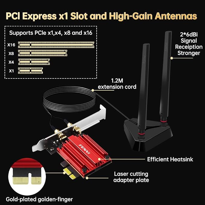 Tarjeta PCIe WiFi 6E AX210 para PC de escritorio, adaptador inalámbrico tri-banda AX5400 (6 GHz / 5 GHz / 2.4 GHz), WPA3, MU-MIMO, OFDMA, Bluetooth 5.4, compatible con Windows 10 y 11 de 64 bits, baja latencia para juegos miniatura 7