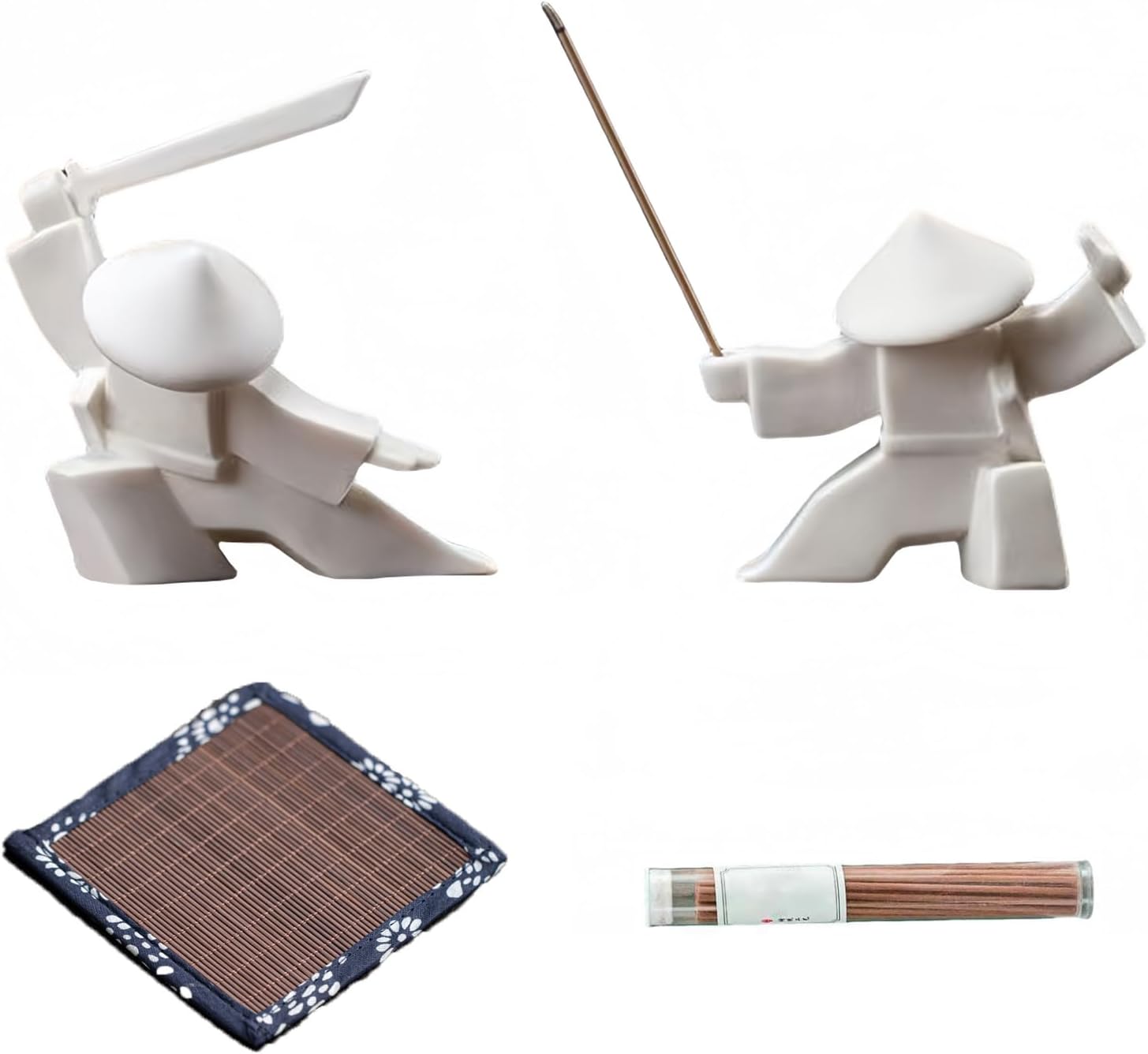 Ceramic Samurai Incense Holder & Tea Pet - Hand-Painted Japanese Warrior Statue, Terracotta Zen Decor for Home/Office (3.5", White/Green) (WhiteAB)