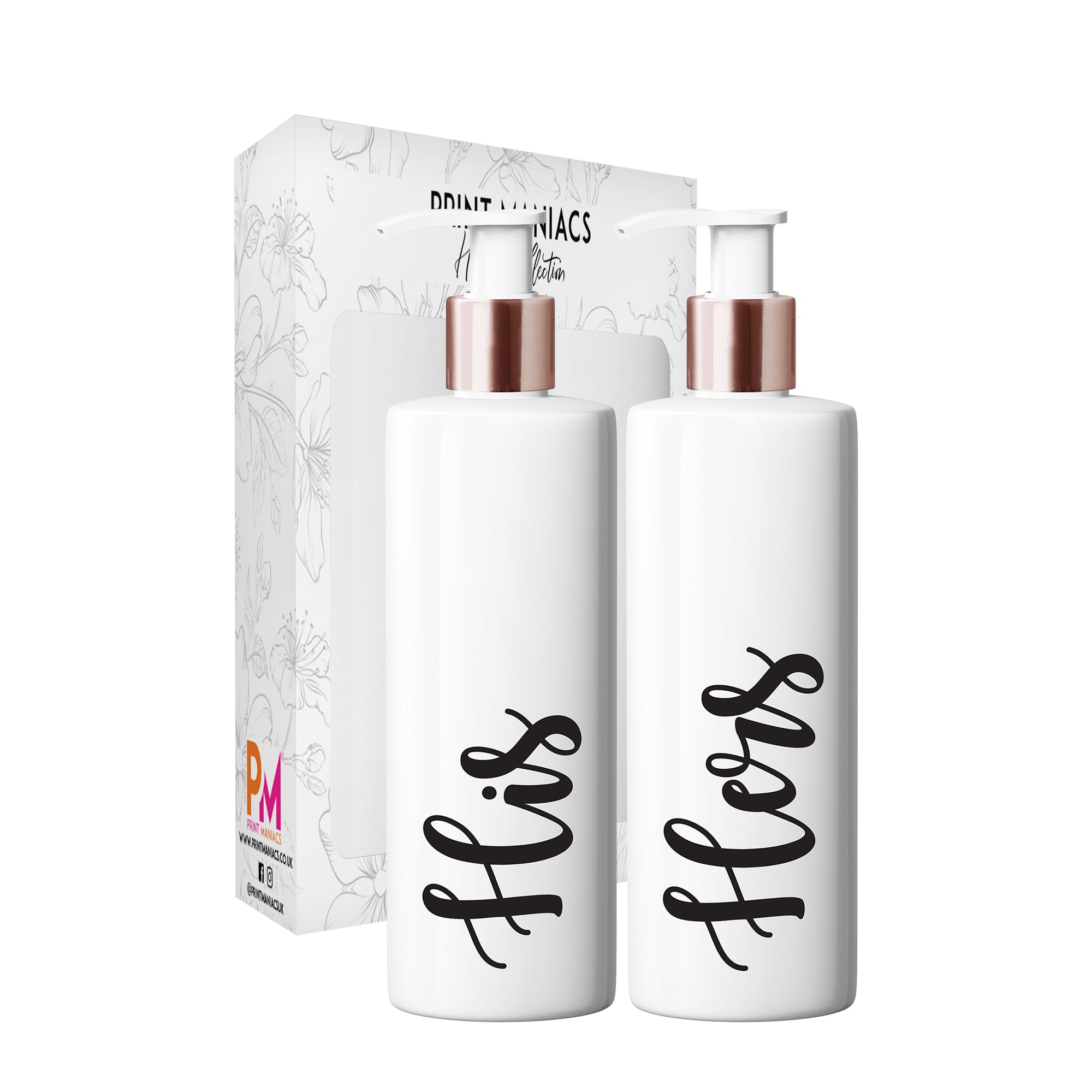 Print Maniacs White Mrs Hinch Inspired Personalised 500ml Bottles Bathroom Lotion Kitchen Shampoo Conditioner Rose Gold Pump (His Hers) (Black)