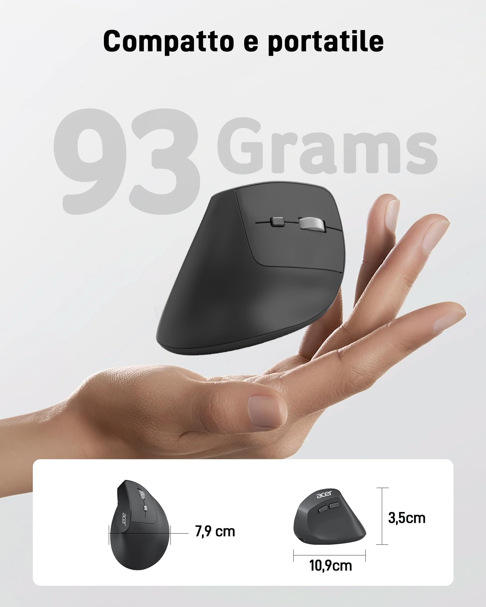 acer Mouse ergonomico senza fili, mouse verticale ricaricabile da 2,4 GHz con 3 DPI regolabili, 6 tasti, mouse ergonomico da ufficio Vertical Wireless per Windows, mac OS, Linux, Chrome OS, ecc.