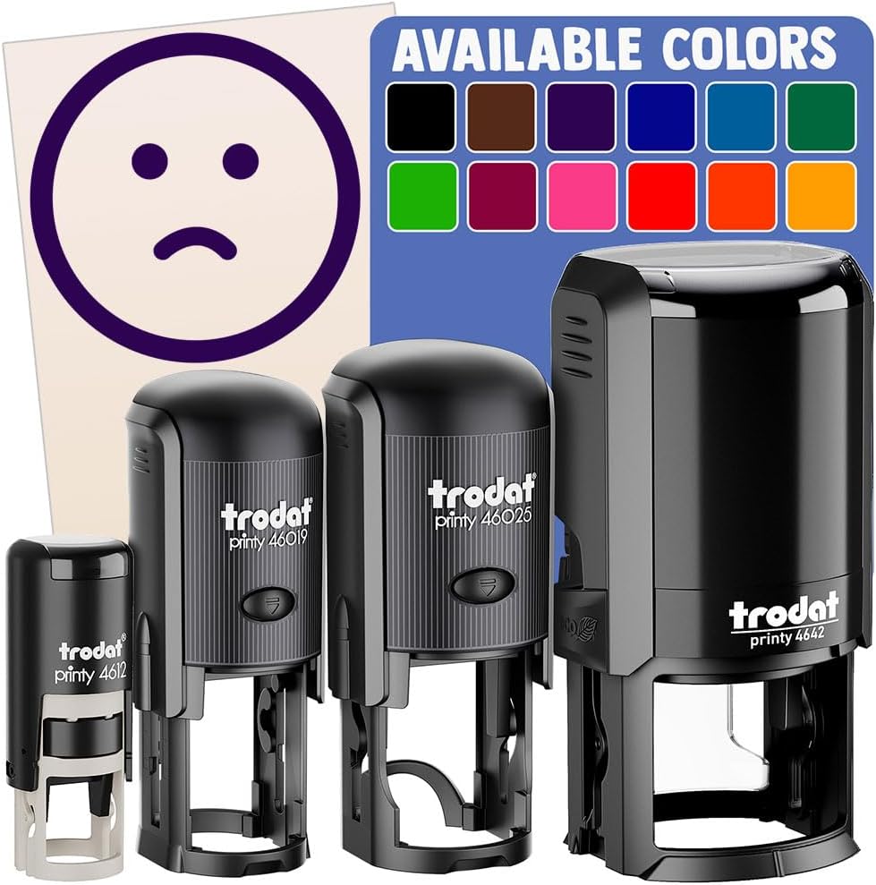 Sad Frown Face Emoticon Self-Inking Rubber Stamp Ink Stamper for Stamping Crafting Planners - 1-1/2 Inch Large - Red Ink