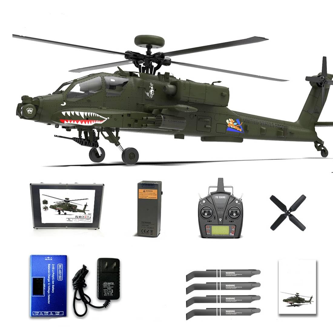 YU XIANG F11 AH64 helikopter RC w skali 1/32 - 2,4 G 6CH wojskowy helikopter z podwójnym silnikiem bezszczotkowym, 6-osiowy żyroskop i 8-kanałowy pilot LCD, realistyczne światła LED