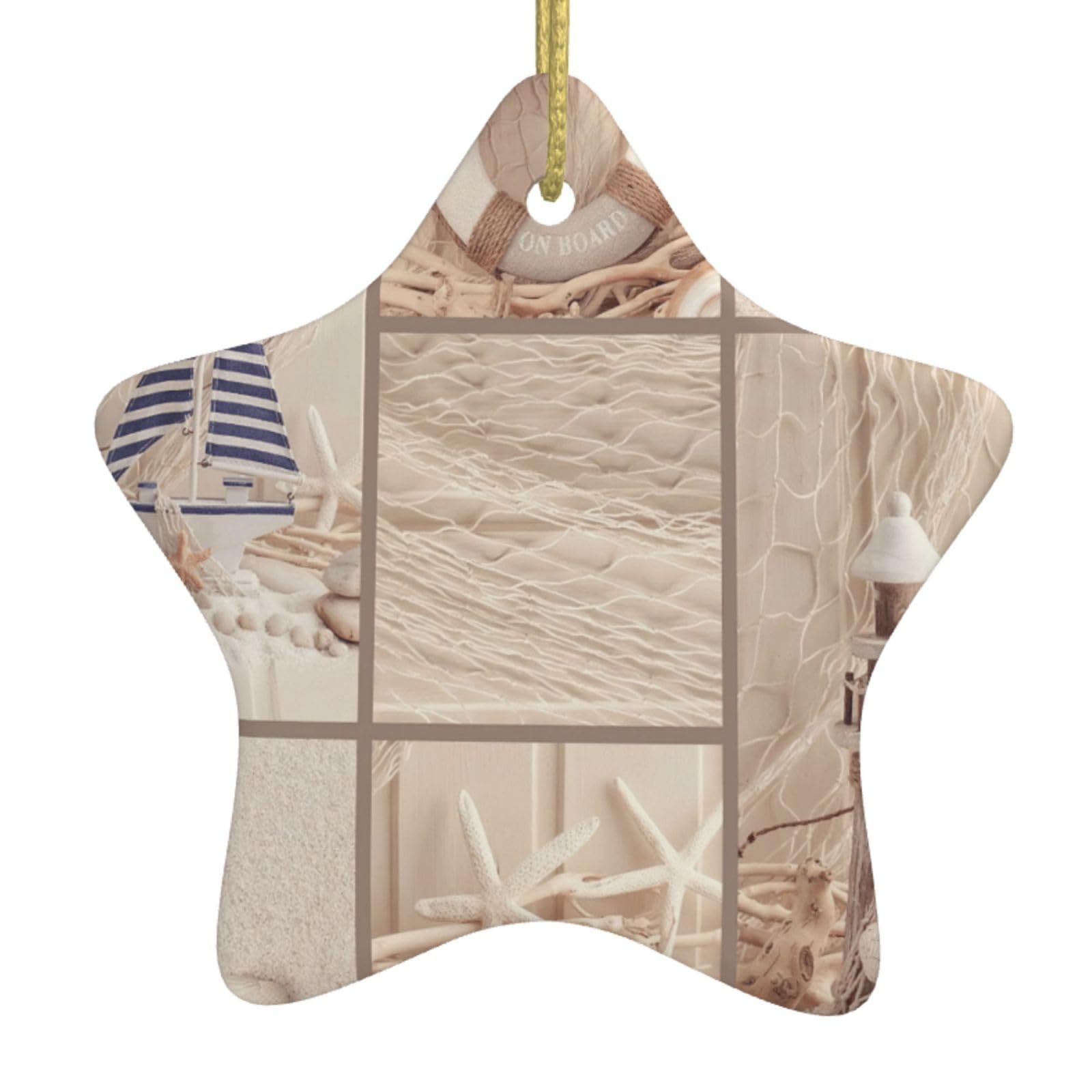 Nbtghga White Boat Beach Starfish Shell Print Christmas Ornaments, Ceramic Hanging Ornament, Round Shape Decorations