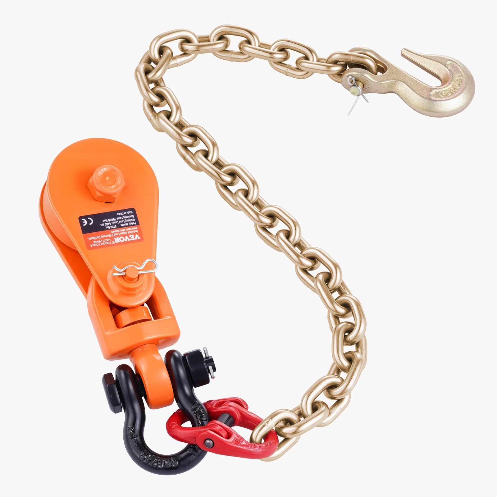 VEVOR Bloc d'arrachage avec chaîne G80, 2 T, poulie de mouflage 74 mm pour corde de 9,5 mm, pour applications de remorquage et de récupération à plat, dépanneuse à recul, câble de transport de voiture
