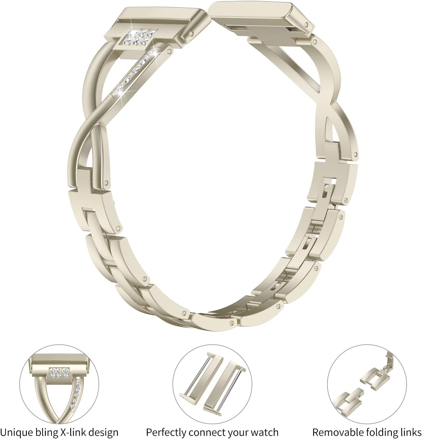 wearlizer metal band compatible with fitbit versa 4/versa 3/sense/sense 2 bands for women, dressy stainless steel bling rhinestone link bracelet wristband replacement strap gold