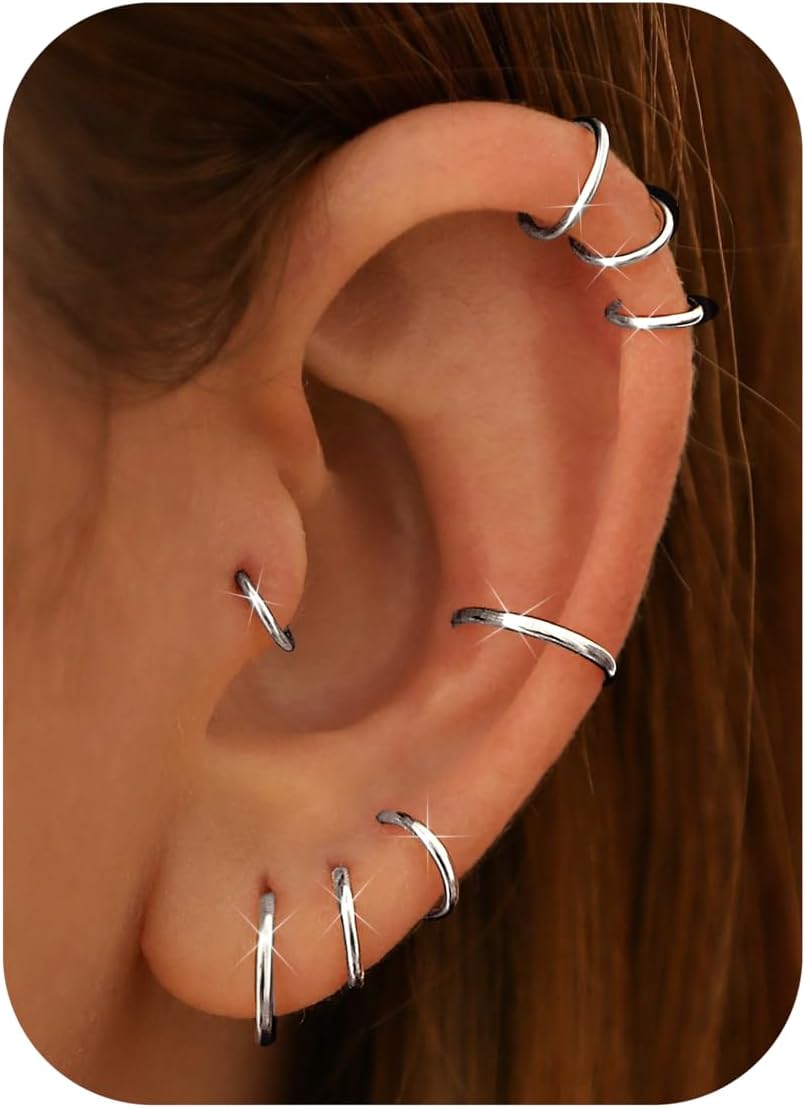 Diamday 4Pairs 6-12mm Stainless Steel 16g Hoop Cartilage Earrings for Men Women Nose Ring Helix Septum Couch Daith Lip Tragus Piercing Jewelry Set