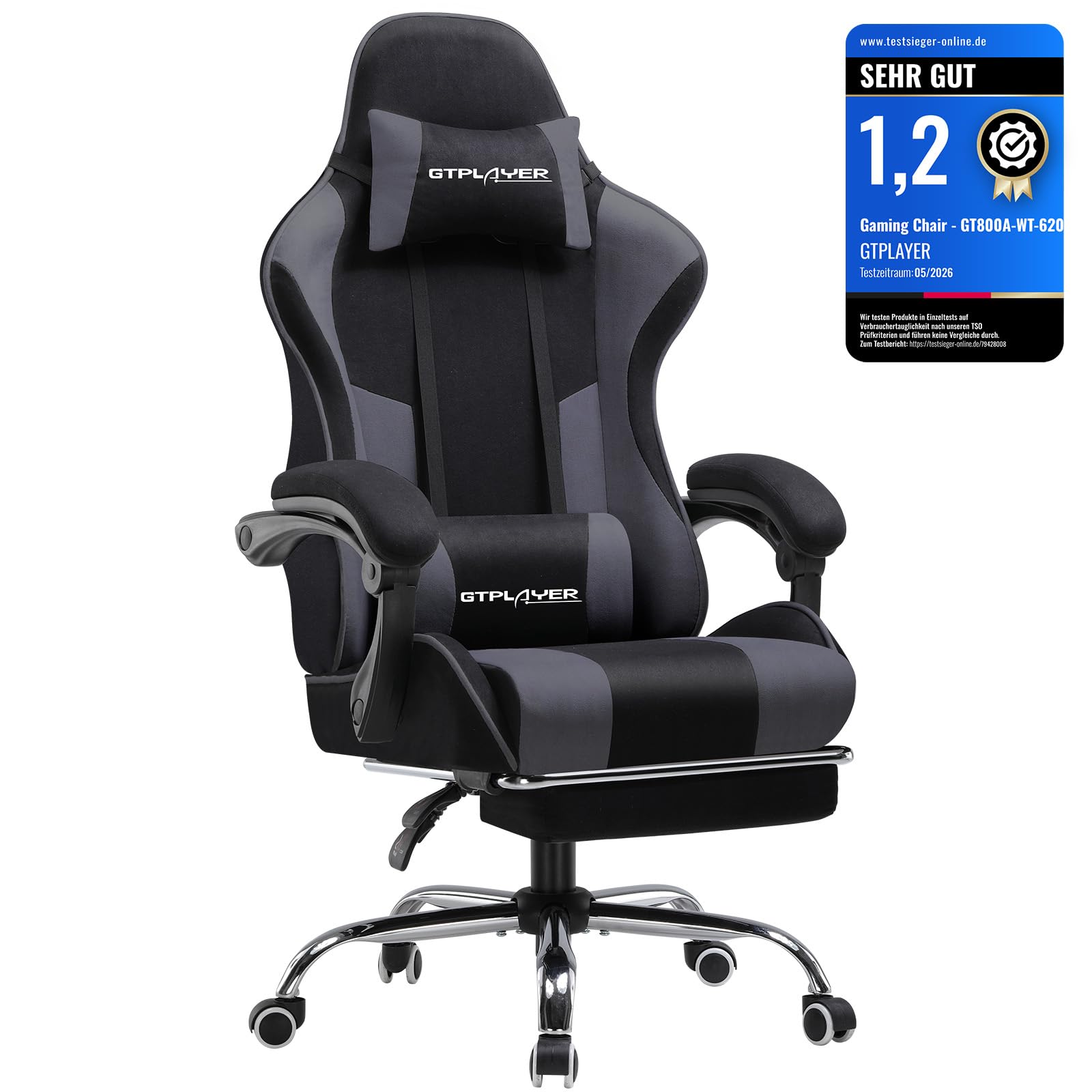 GTPLAYER Silla Gaming con Masajeador Ergonómica Silla Gamer con Reposapiés Reposacabeza, Silla de Oficina Ergonómica, Soporte Lumbar, Silla Juego Ajustable en Altura, Tela Gris