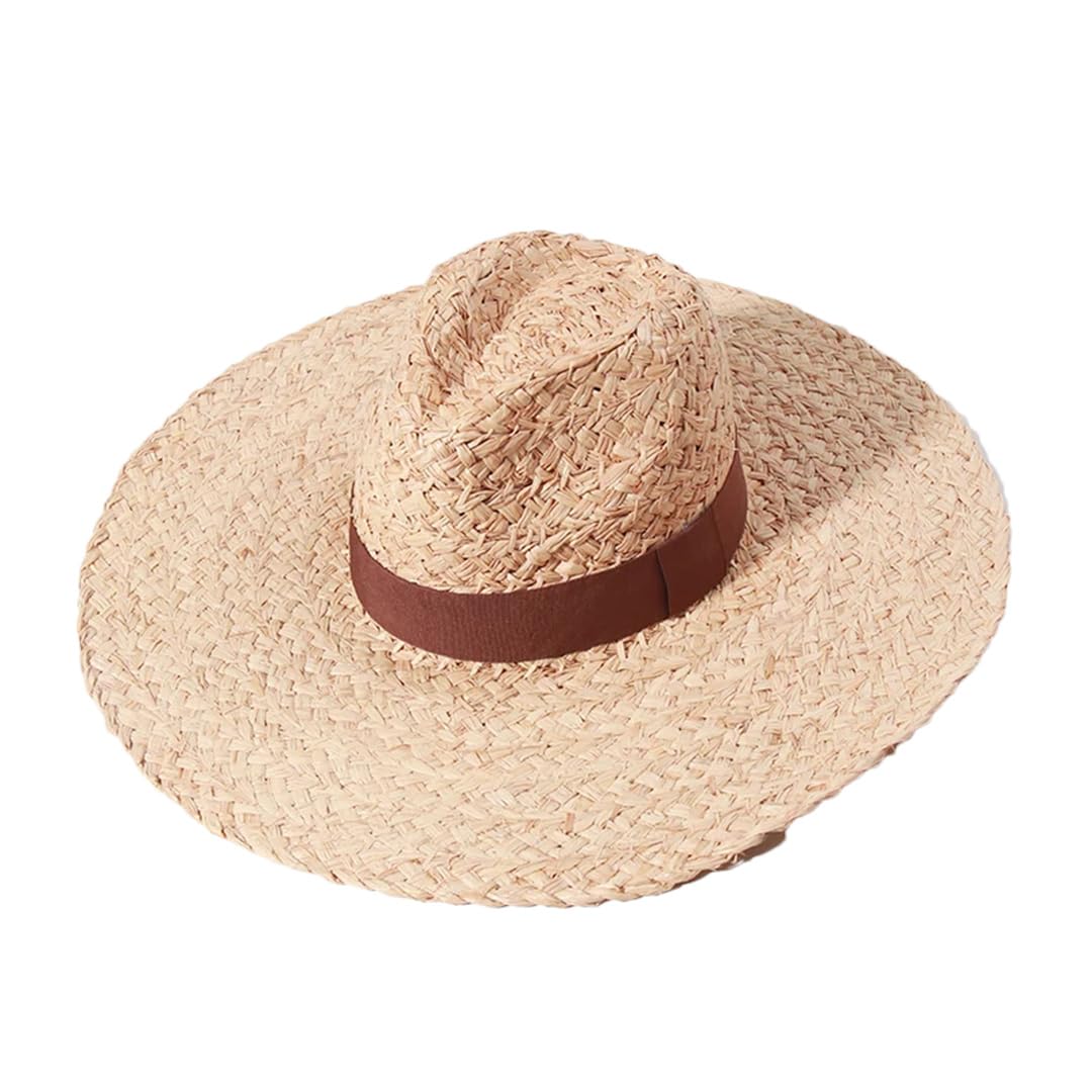 EYRMQWJPC Wide Brim Sun Hat, Women Summer Wide Brim Fedora Straw Sun Hat Beach Vacation Multicolor(Coffee)
