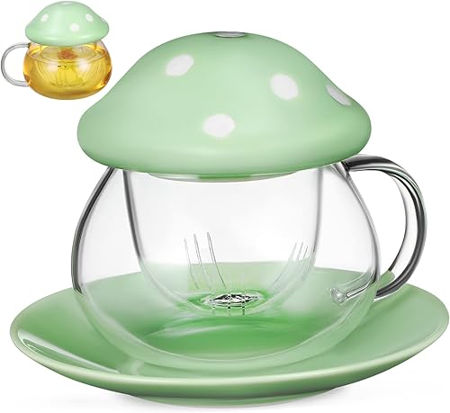 Taza de cristal con tapa de hongo Taza de té con tapa Taza de agua en forma de hongo Taza de té con infusor y tapa, tazas verdes, taza de té con