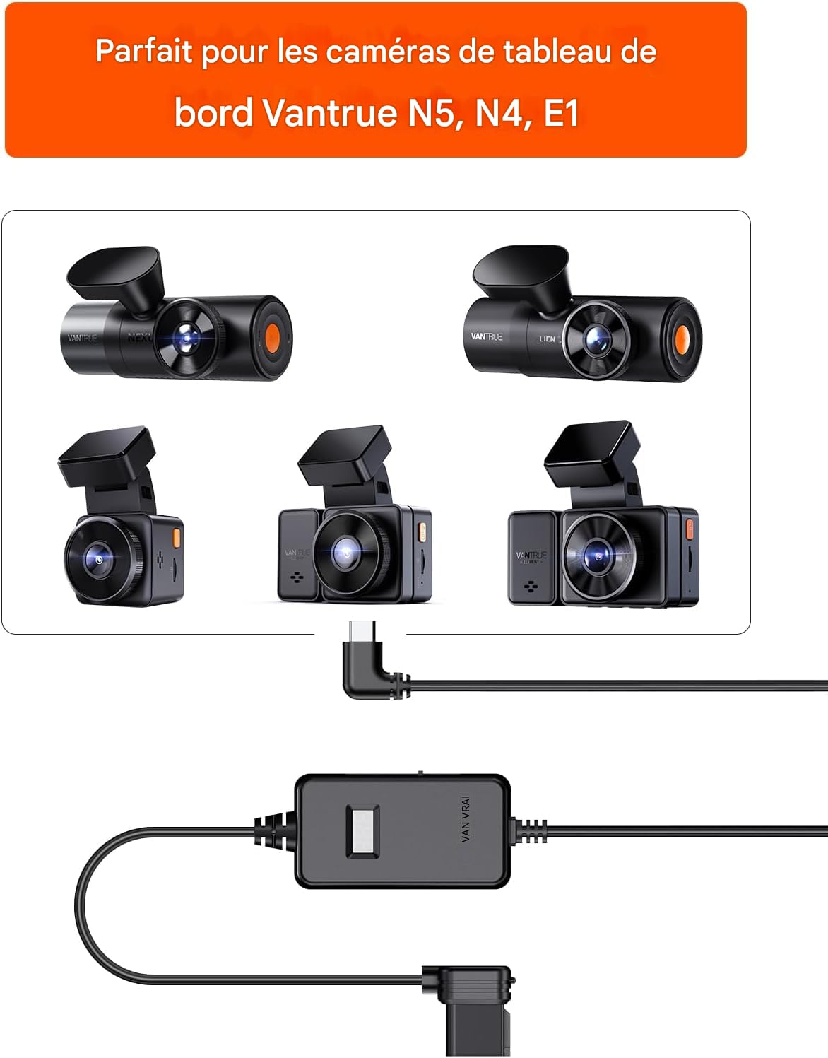 VANTRUE USB-C OBD Hardwire avec écran, 3 Niveaux de Protection Basse Tension 11,6/23,6V, 12/24V, 12,4/24,4V à 5V, 24 Heures de Surveillance au Parking pour Dashcam N5/N4P/N4/N2S/S1 PRO/N2P/E1/E2/E3