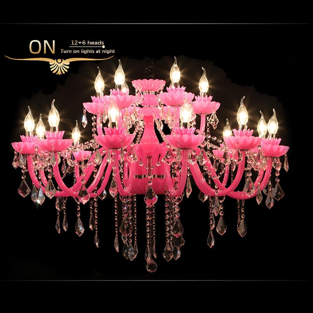 European Pink Crystal Candle Pendent Lamp Luxury Living Room Restaurant Bedroom Girl's Room Villa Clothing Store Beauty Salon Cafe Bar KTV Chandelier (B 18 Lights)