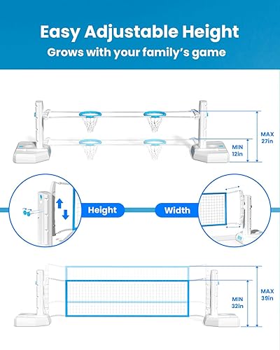 Miniatura 6 de IGL Red de voleibol para piscina y aro de baloncesto 2 en 1, red de voleibol ajustable en altura para piscina, aro de baloncesto junto a la piscina