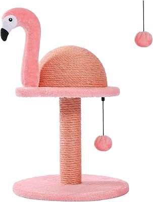 PETEPELA Cat Scratching Post, Flamingos Natural Sisal Cat Scratcher with Interactive Toy Ball and Extra Replacement Sisal ...