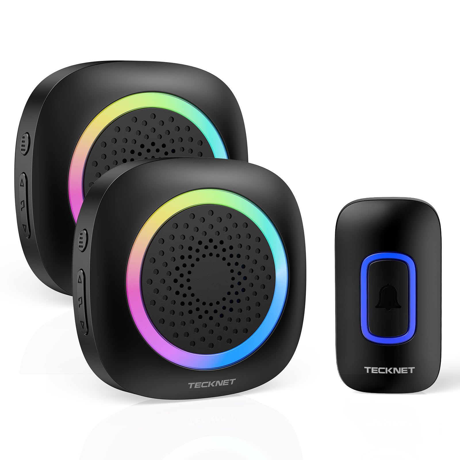 TECKNET Funkklingel, Funkklingel Aussen Wasserdicht 2 Empfänger Mit RGB Licht, 60 Melodien, IP66 Funk Klingel Set, 400m Kabellose Türklingel Batteriebetrieben Kit mit 4,5 Jahre Lebensdauer