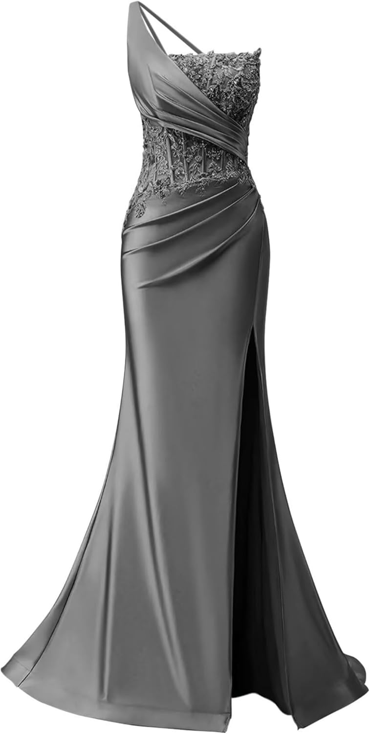 Zeeyecie One Shoulder Satin Prom Dresses Mermaid Lace Applique Beaded Evening Formal Ball Gowns with Slit
