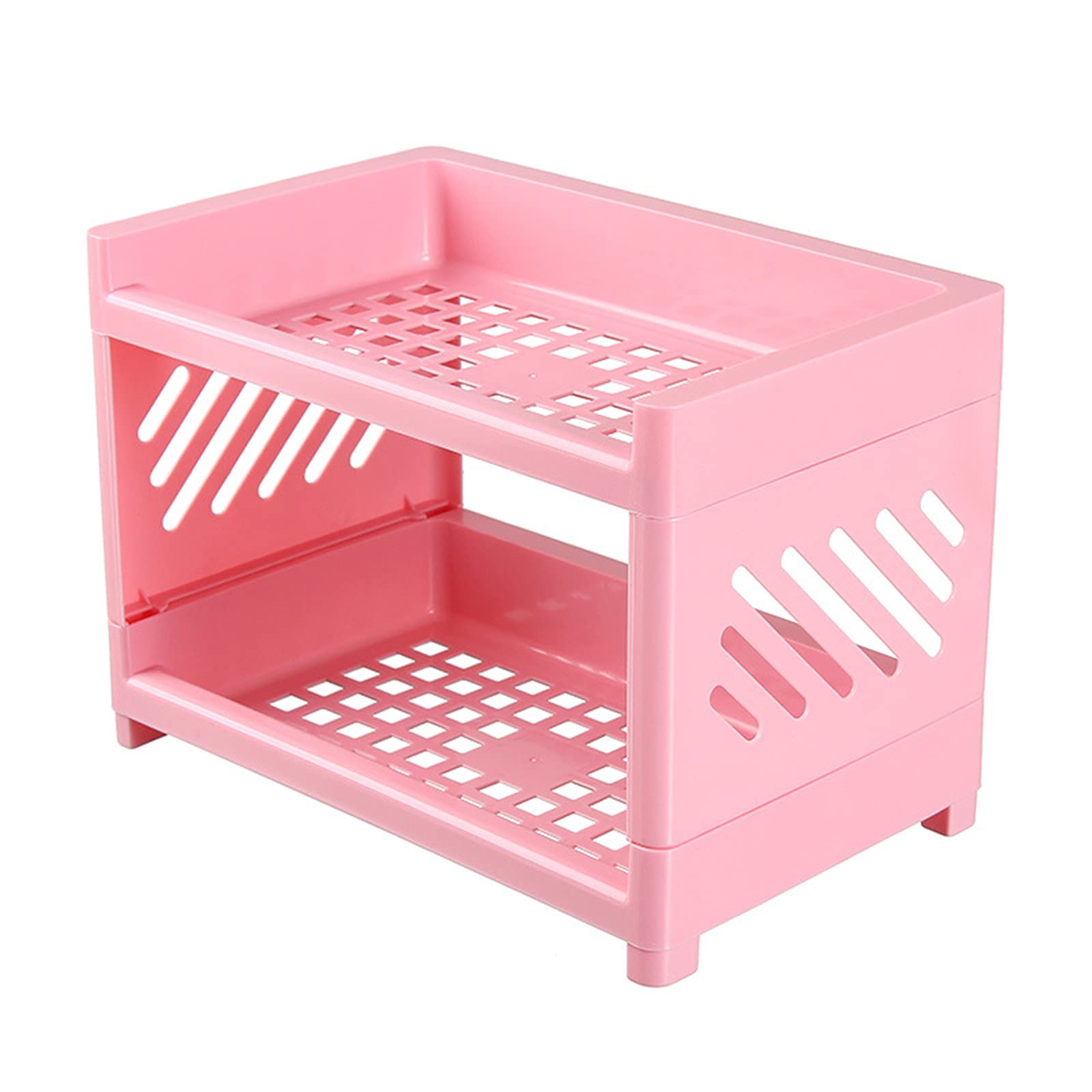 Double-Layer Desktop Storage Rack, Foldable Office Stationery Storage Rack,Kitchen Seasoning Storage Rack, Bathroom Cosmetic Storage Rack (Pink, 2-Layer)