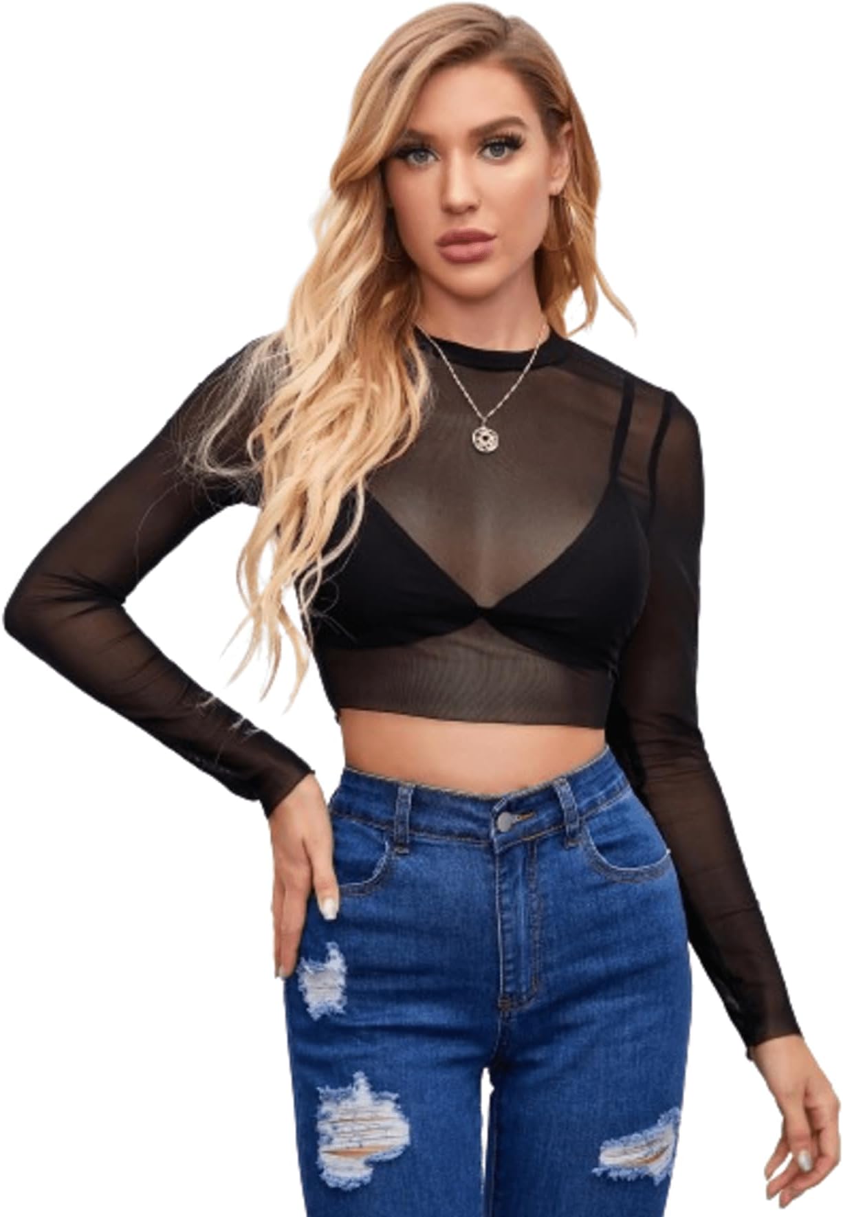 Women's & Girl's Black Polyester Mesh Long Sleeve Sheer Slim Fit Without Bra Crop Top