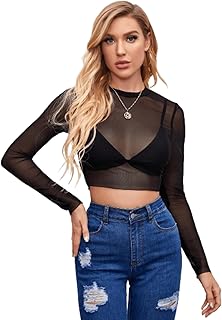 Aahwan Women's &amp; Girl's Black Polyester Mesh Long Sleeve Sheer Slim Fit Without Bra Crop Top